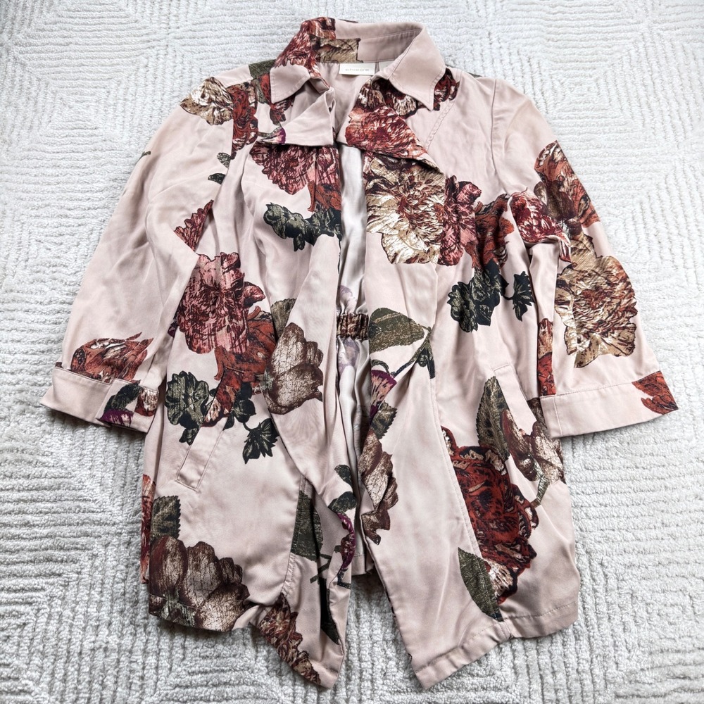 Chico's Floral Tencel Open Front Jacket Womens 1 Tan Earthy Boho Botanical Artsy